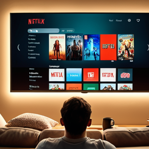 Home 23 **
A person relaxing on a couch in a modern living room, immersed in a personalized viewing experience on a large screen TV. Netflix recommendations are visible on the screen, tailored to their viewing history. Soft, warm lighting. Emphasis on the comfort and convenience of personalized content.
**