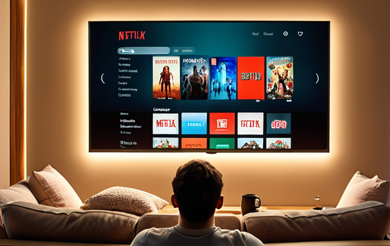 **
A person relaxing on a couch in a modern living room, immersed in a personalized viewing experience on a large screen TV. Netflix recommendations are visible on the screen, tailored to their viewing history. Soft, warm lighting. Emphasis on the comfort and convenience of personalized content.
**