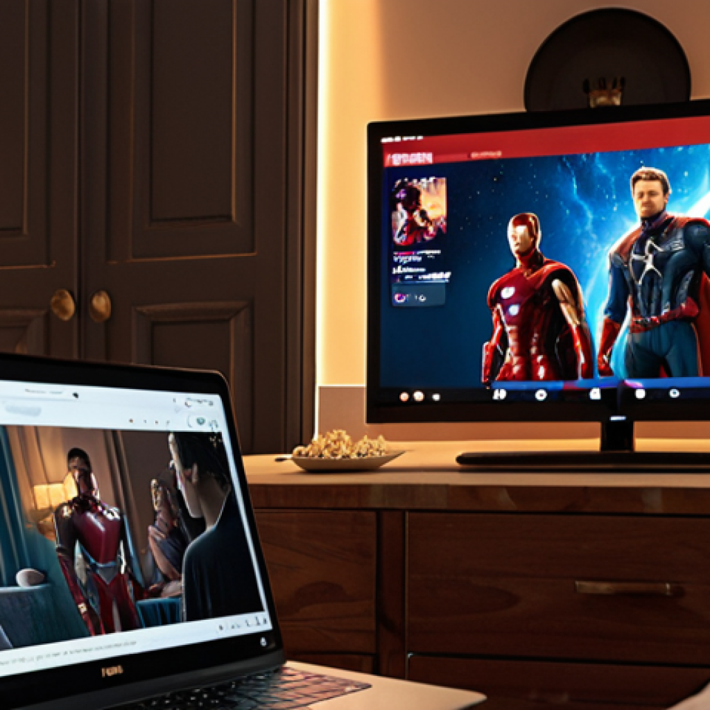**
Prompt: A split-screen image. On one side, a family is laughing while watching a Disney+ movie featuring Marvel superheroes, popcorn scattered around. On the other side, a person is engrossed in a Netflix dramatic series on a laptop, with a sophisticated ambiance created by soft lighting and a glass of wine. The scene evokes a cozy evening in a Parisian apartment.
**