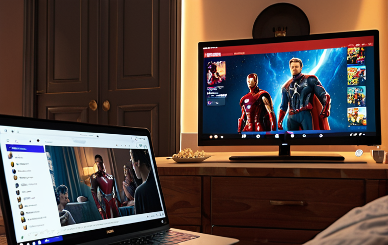 **
Prompt: A split-screen image. On one side, a family is laughing while watching a Disney+ movie featuring Marvel superheroes, popcorn scattered around. On the other side, a person is engrossed in a Netflix dramatic series on a laptop, with a sophisticated ambiance created by soft lighting and a glass of wine. The scene evokes a cozy evening in a Parisian apartment.
**