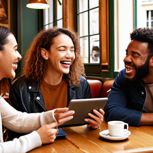 Home 21 **
Prompt: "Diverse group of friends laughing together in a Parisian café, streaming a French TV series on a tablet, showcasing authentic representation, natural lighting, warm color palette, modern casual clothing, focus on joyful expressions."
**
