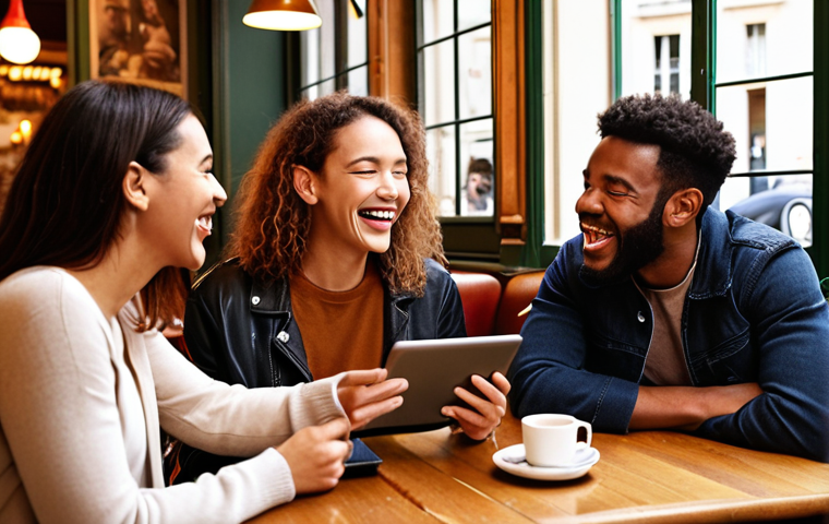 **
Prompt: "Diverse group of friends laughing together in a Parisian café, streaming a French TV series on a tablet, showcasing authentic representation, natural lighting, warm color palette, modern casual clothing, focus on joyful expressions."
**