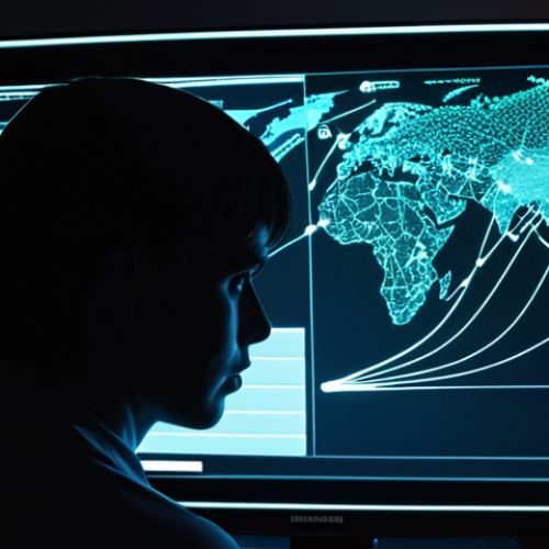 Home 20 **Silhouette watching streaming service on a smart TV, overlaid with a network of data points and lines representing data collection, emphasize anonymity vs surveillance, dark background with glowing interface elements.**