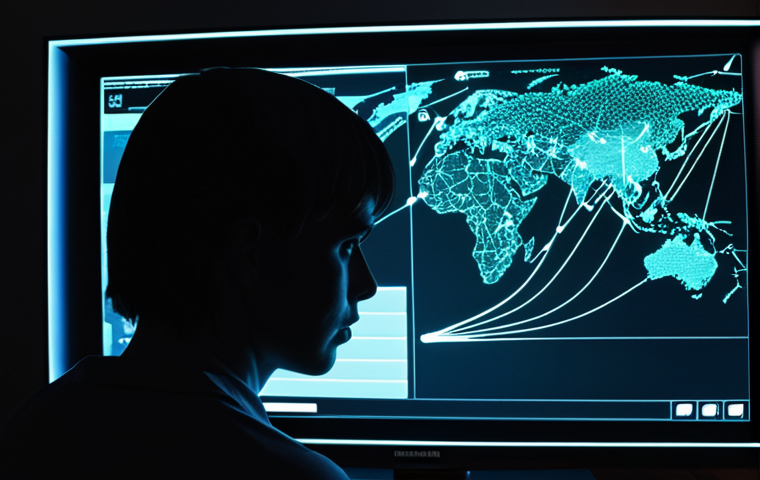 **Silhouette watching streaming service on a smart TV, overlaid with a network of data points and lines representing data collection, emphasize anonymity vs surveillance, dark background with glowing interface elements.**