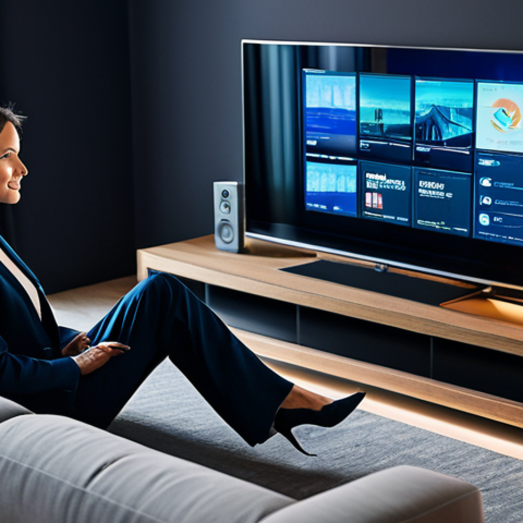A professional woman in a modest, stylish business suit, seated comfortably in a modern, subtly lit, high-end living room. She is engaging with a large, sleek smart television displaying an advanced Over-The-Top (OTT) streaming interface. The screen shows vibrant, high-definition content with subtle glowing lines and interconnected digital patterns that symbolize AI-driven personalization and seamless streaming. The atmosphere is sophisticated and technologically advanced, highlighting effortless access to content. fully clothed, appropriate attire, professional dress, perfect anatomy, correct proportions, natural pose, well-formed hands, proper finger count, natural body proportions, safe for work, appropriate content, professional, modest, family-friendly, high quality, professional photography, cinematic lighting, ultra-detailed.