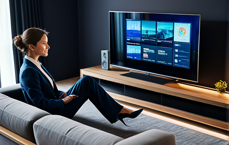 A professional woman in a modest, stylish business suit, seated comfortably in a modern, subtly lit, high-end living room. She is engaging with a large, sleek smart television displaying an advanced Over-The-Top (OTT) streaming interface. The screen shows vibrant, high-definition content with subtle glowing lines and interconnected digital patterns that symbolize AI-driven personalization and seamless streaming. The atmosphere is sophisticated and technologically advanced, highlighting effortless access to content. fully clothed, appropriate attire, professional dress, perfect anatomy, correct proportions, natural pose, well-formed hands, proper finger count, natural body proportions, safe for work, appropriate content, professional, modest, family-friendly, high quality, professional photography, cinematic lighting, ultra-detailed.