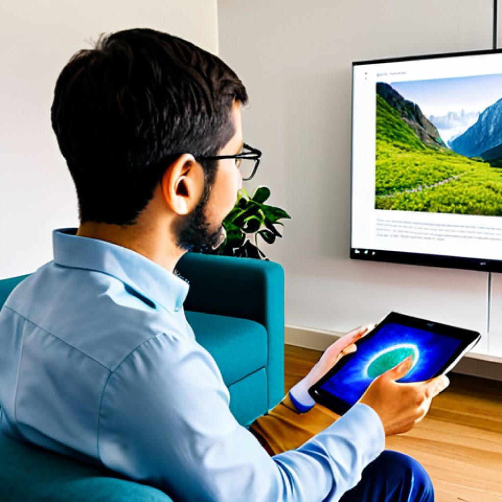 A professional-looking individual, fully clothed in modest, modern attire, is comfortably seated on a sofa in a contemporary, well-lit living room. They are attentively watching a high-quality documentary on a large screen, which displays a visually engaging scene of a lush natural landscape or a complex scientific visualization. The person holds a tablet, symbolizing active engagement with information and the accessibility of knowledge through streaming platforms. The scene emphasizes curiosity, intellectual growth, and the joy of discovery. Perfect anatomy, correct proportions, natural pose, well-formed hands, proper finger count, natural body proportions, safe for work, appropriate content, fully clothed, family-friendly, high-quality professional photography, vibrant colors.