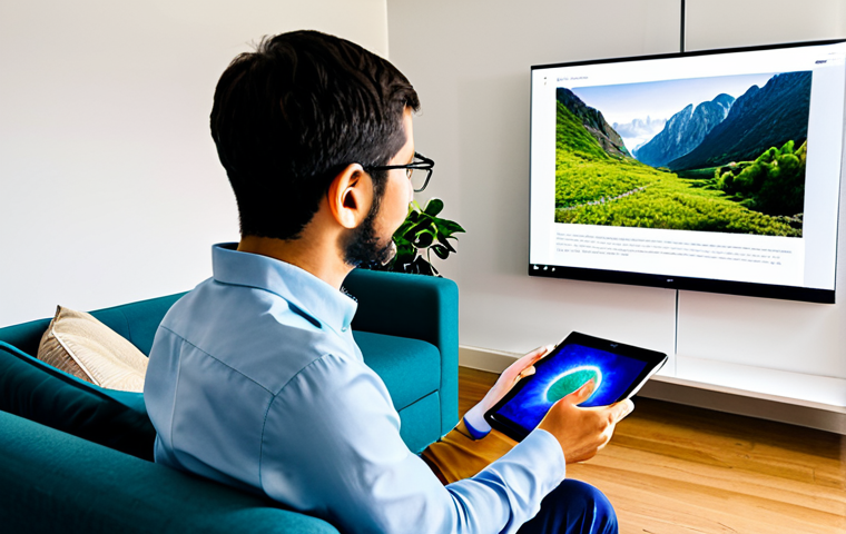 A professional-looking individual, fully clothed in modest, modern attire, is comfortably seated on a sofa in a contemporary, well-lit living room. They are attentively watching a high-quality documentary on a large screen, which displays a visually engaging scene of a lush natural landscape or a complex scientific visualization. The person holds a tablet, symbolizing active engagement with information and the accessibility of knowledge through streaming platforms. The scene emphasizes curiosity, intellectual growth, and the joy of discovery. Perfect anatomy, correct proportions, natural pose, well-formed hands, proper finger count, natural body proportions, safe for work, appropriate content, fully clothed, family-friendly, high-quality professional photography, vibrant colors.