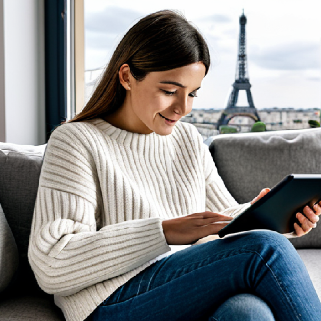 A woman reviewing her streaming subscriptions on a tablet.**
"A woman in a cozy Parisian apartment, fully clothed in a comfortable sweater and jeans, sitting on a sofa with a cup of coffee, reviewing her streaming service subscriptions on a tablet, safe for work, appropriate content, professional image, perfect anatomy, natural proportions, modern interior design, well-lit, family-friendly, modest clothing, high-quality rendering. The tablet screen displays logos of popular French streaming services. Paris in the background."
**