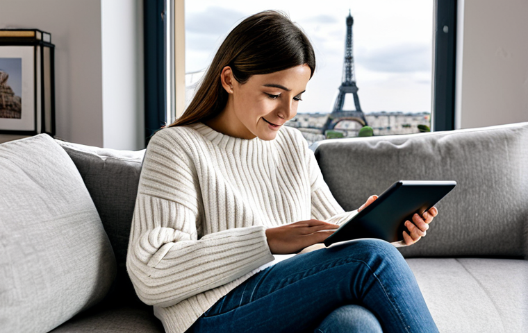 A woman reviewing her streaming subscriptions on a tablet.**

"A woman in a cozy Parisian apartment, fully clothed in a comfortable sweater and jeans, sitting on a sofa with a cup of coffee, reviewing her streaming service subscriptions on a tablet, safe for work, appropriate content, professional image, perfect anatomy, natural proportions, modern interior design, well-lit, family-friendly, modest clothing, high-quality rendering. The tablet screen displays logos of popular French streaming services. Paris in the background."

**