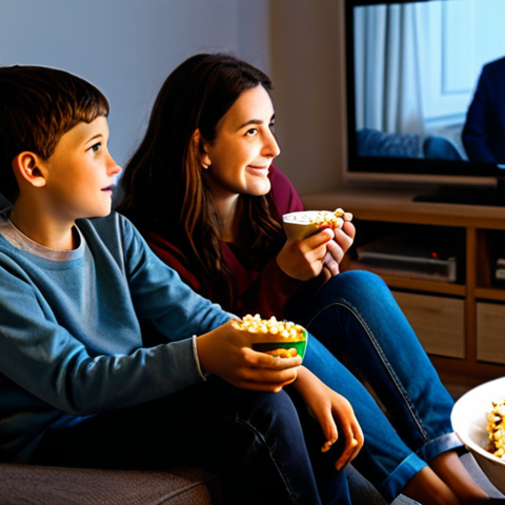 **
A cozy living room scene at night. A French family (parents and two teenage children), fully clothed in comfortable, modest attire, are watching a movie together on a large screen TV. There's a bowl of popcorn on the coffee table and a soft, warm light illuminating the room. The style should be reminiscent of a heartwarming family sitcom. Safe for work, appropriate content, professional, family-friendly, perfect anatomy, correct proportions, natural pose, well-formed hands, proper finger count, natural body proportions.
**