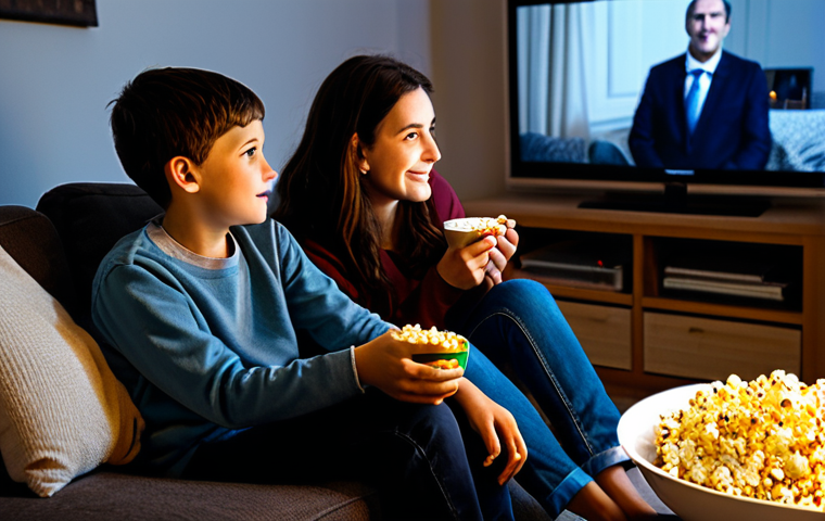 **
A cozy living room scene at night. A French family (parents and two teenage children), fully clothed in comfortable, modest attire, are watching a movie together on a large screen TV. There's a bowl of popcorn on the coffee table and a soft, warm light illuminating the room. The style should be reminiscent of a heartwarming family sitcom. Safe for work, appropriate content, professional, family-friendly, perfect anatomy, correct proportions, natural pose, well-formed hands, proper finger count, natural body proportions.
**