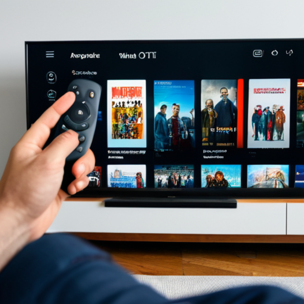 OTT와 가상현실 콘텐츠 - OTT Platform Interface**

Prompt: A brightly lit screen displaying a user interface for a fictional ...