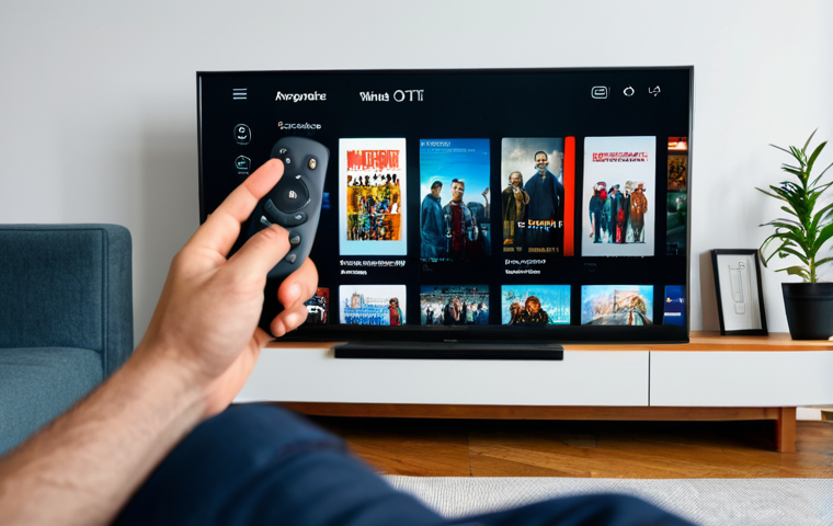 OTT와 가상현실 콘텐츠 - OTT Platform Interface**
Prompt: A brightly lit screen displaying a user interface for a fictional ...