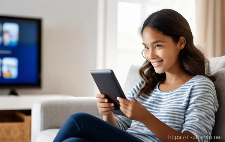 OTT 부모 설정 기능 - **Prompt:** A warm, inviting living room scene. A mother, in her late 30s, with a gentle smile, is s...