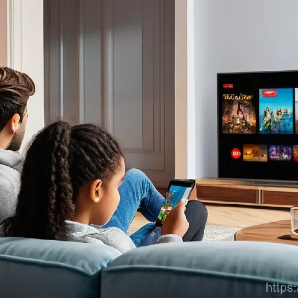 OTT 시장 점유율 - **Prompt 1: The French Streaming Titans**
A diverse French family in a modern, stylish living ro...