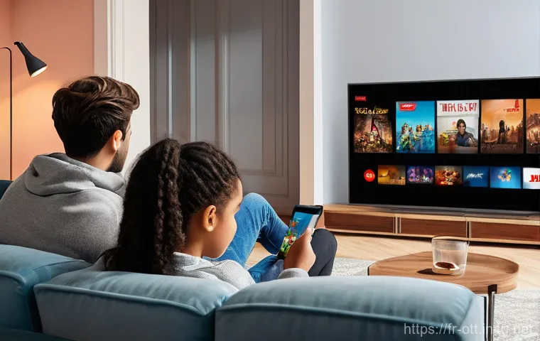 OTT 시장 점유율 - **Prompt 1: The French Streaming Titans**
A diverse French family in a modern, stylish living ro...