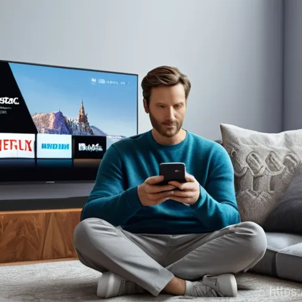 OTT와 원격 시청 모드 - **Prompt 1: The Deluge of Digital Choices**
A wide-angle, hyper-realistic shot of a person in th...