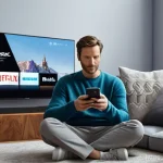 OTT와 원격 시청 모드 - **Prompt 1: The Deluge of Digital Choices**
A wide-angle, hyper-realistic shot of a person in th...