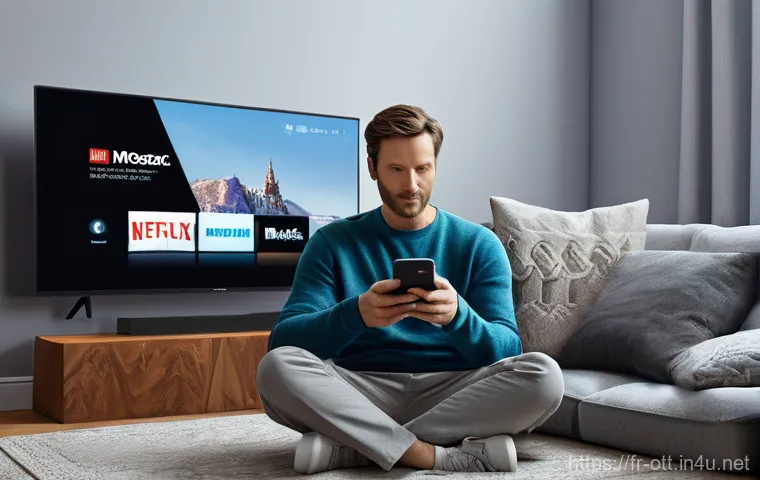 OTT와 원격 시청 모드 - **Prompt 1: The Deluge of Digital Choices**
A wide-angle, hyper-realistic shot of a person in th...