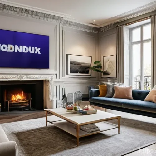 OTT와 콘텐츠 제작 환경 - **Prompt:** A cozy, modern French living room, warmly lit, transformed into a personalized home cine...