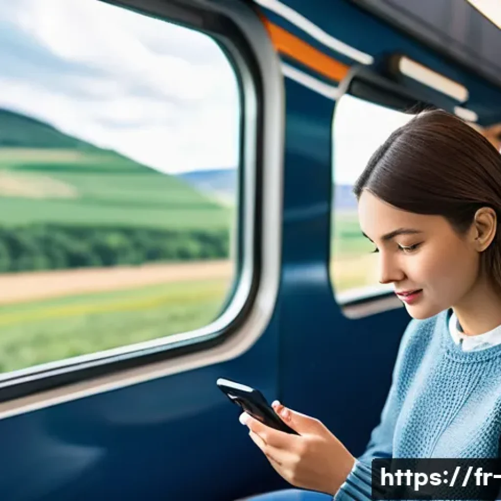 OTT와 데이터 절약 기능 - A focused young adult, dressed in a comfortable yet modest sweater and jeans, sits on a modern TGV t...