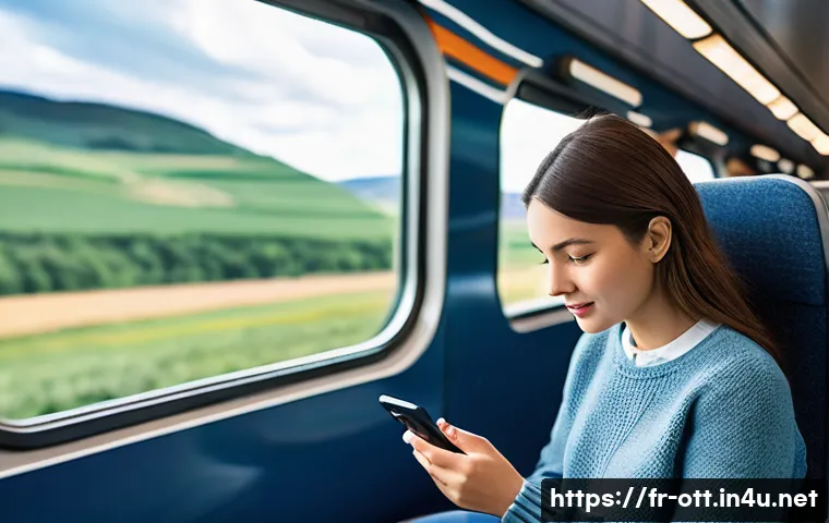 OTT와 데이터 절약 기능 - A focused young adult, dressed in a comfortable yet modest sweater and jeans, sits on a modern TGV t...