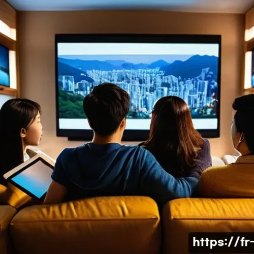 OTT 콘텐츠의 문화적 다양성 - **Global Streaming Immersion**: A diverse group of four friends, including individuals of East Asian...