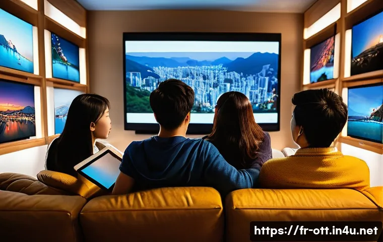 OTT 콘텐츠의 문화적 다양성 - **Global Streaming Immersion**: A diverse group of four friends, including individuals of East Asian...