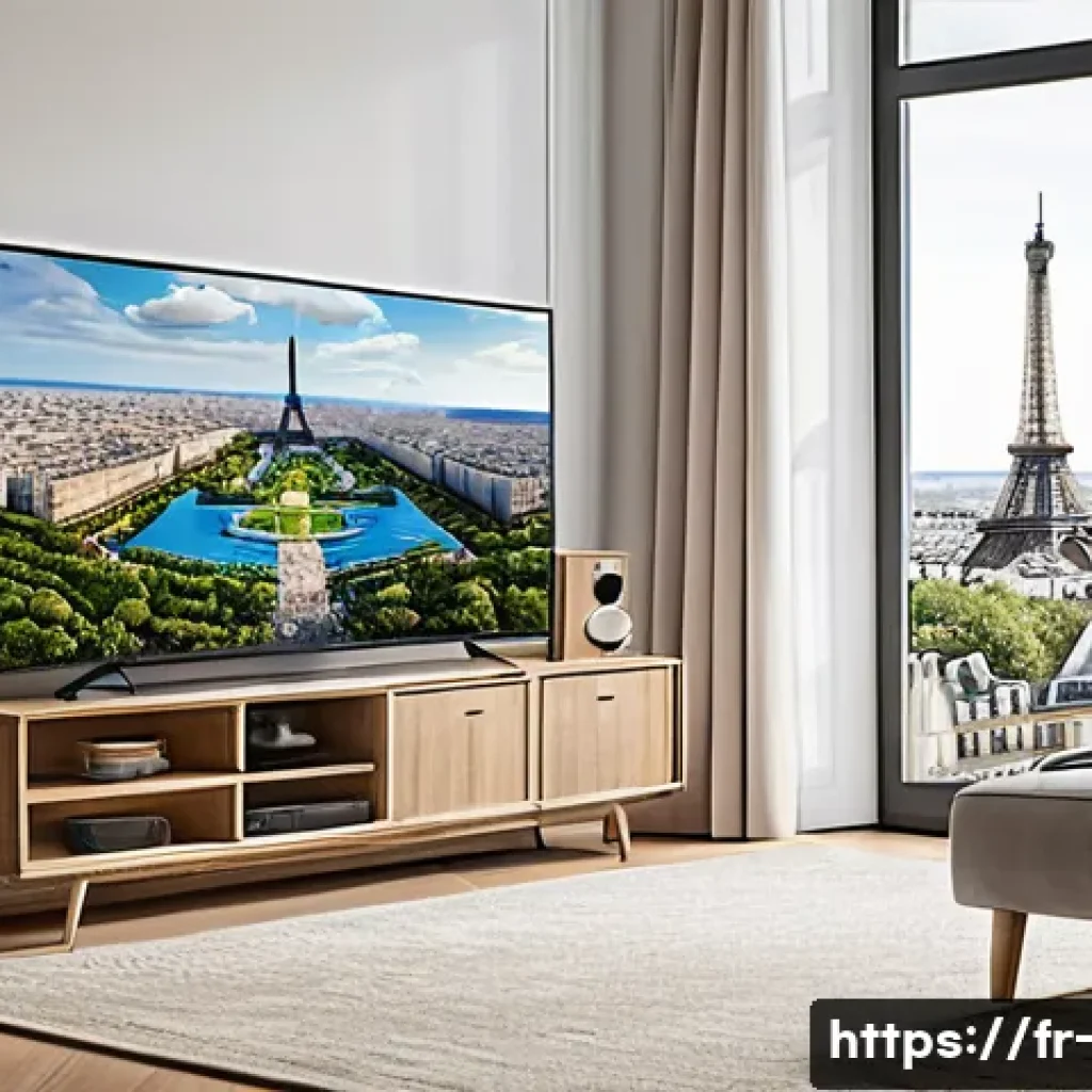 OTT 유료 서비스의 장점 - A cozy French living room scene featuring a diverse family comfortably watching a large smart TV dis...