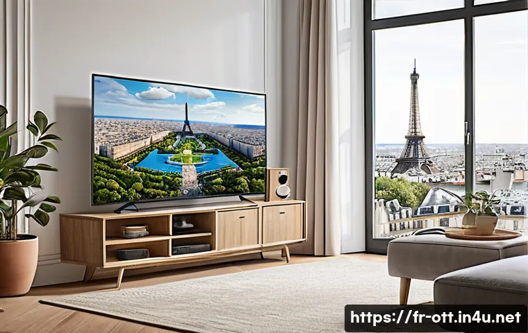OTT 유료 서비스의 장점 - A cozy French living room scene featuring a diverse family comfortably watching a large smart TV dis...