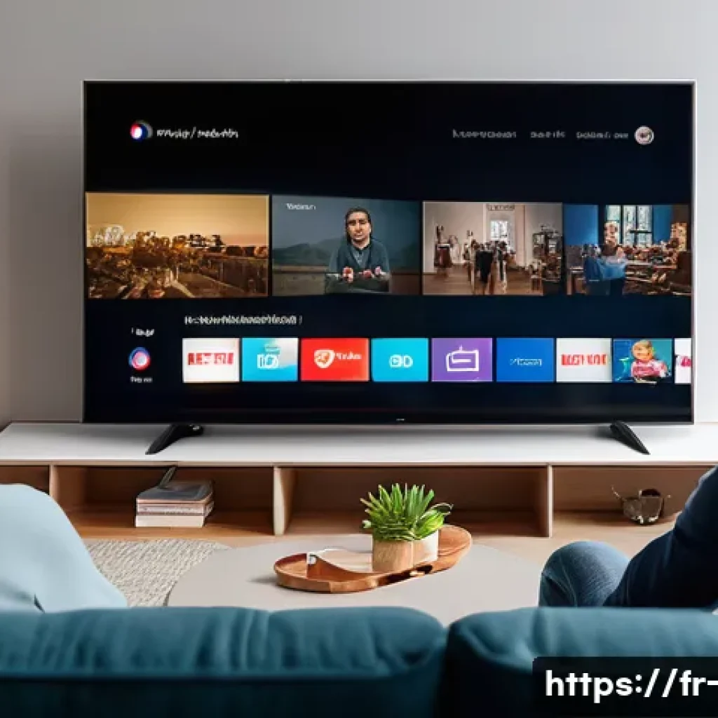 OTT 콘텐츠와 스토리텔링 - A modern French living room scene showcasing a diverse family enjoying an OTT streaming service toge...