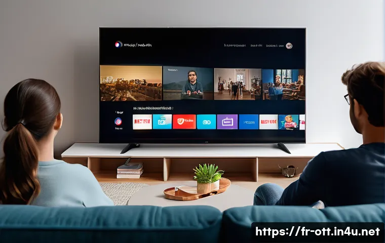 OTT 콘텐츠와 스토리텔링 - A modern French living room scene showcasing a diverse family enjoying an OTT streaming service toge...