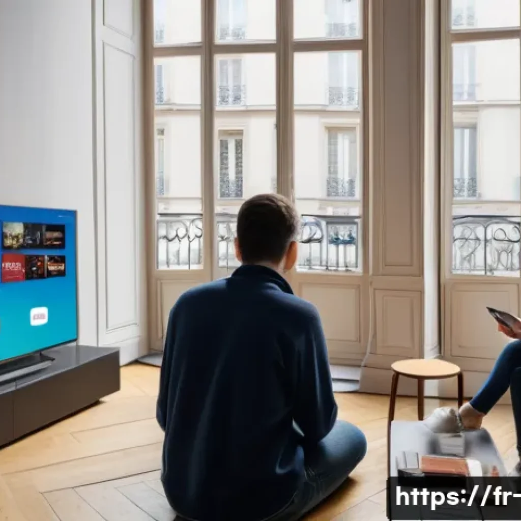 OTT와 사용자 권리 보호 - A modern living room scene in Paris with a diverse group of French adults and teenagers using variou...