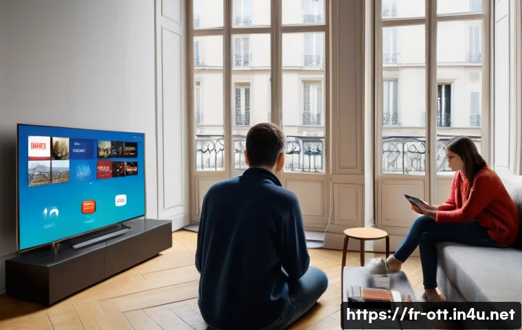 OTT와 사용자 권리 보호 - A modern living room scene in Paris with a diverse group of French adults and teenagers using variou...