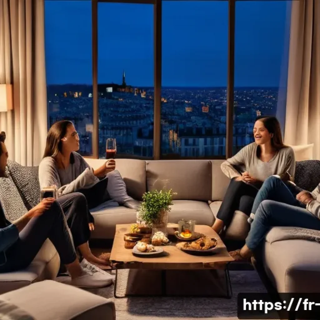 OTT 시청 패턴 통계 - Cozy French living room scene in the evening, a diverse group of young adults lounging comfortably o...