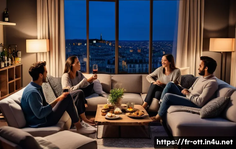 OTT 시청 패턴 통계 - Cozy French living room scene in the evening, a diverse group of young adults lounging comfortably o...