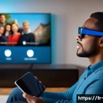 OTT와 시각 장애인 지원 기능 - A visually impaired person wearing stylish smart glasses with an integrated audio description system...