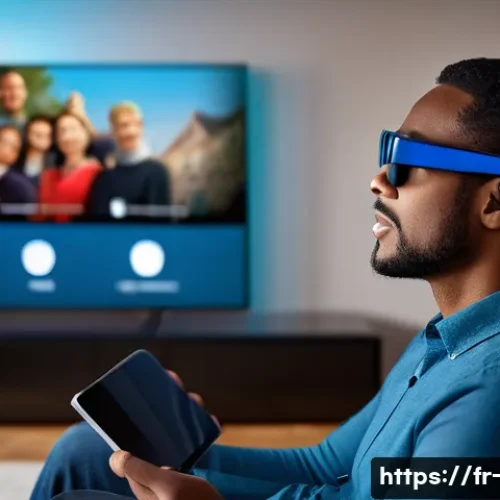 OTT와 시각 장애인 지원 기능 - A visually impaired person wearing stylish smart glasses with an integrated audio description system...