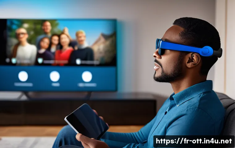 OTT와 시각 장애인 지원 기능 - A visually impaired person wearing stylish smart glasses with an integrated audio description system...