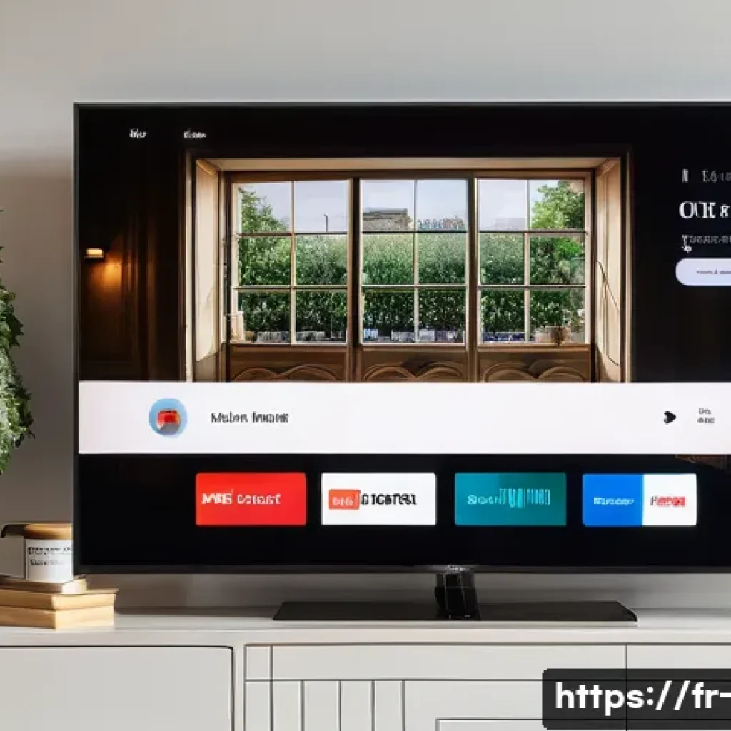 OTT 플랫폼의 사용자 편의성 - A sleek and modern OTT streaming platform interface displayed on a large flat-screen TV in a cozy Fr...