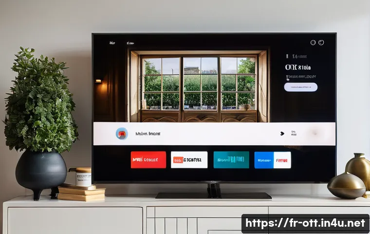 OTT 플랫폼의 사용자 편의성 - A sleek and modern OTT streaming platform interface displayed on a large flat-screen TV in a cozy Fr...