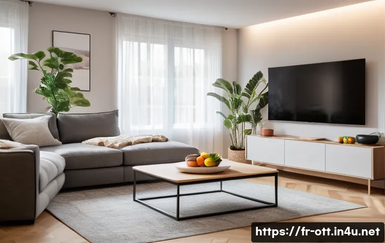OTT 플랫폼과 스마트 TV 통합 - A cozy modern living room in a French apartment during evening, featuring a sleek Smart TV wall-moun...