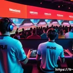 OTT e스포츠 중계 - A vibrant digital esports arena scene showing a diverse group of enthusiastic young French spectator...