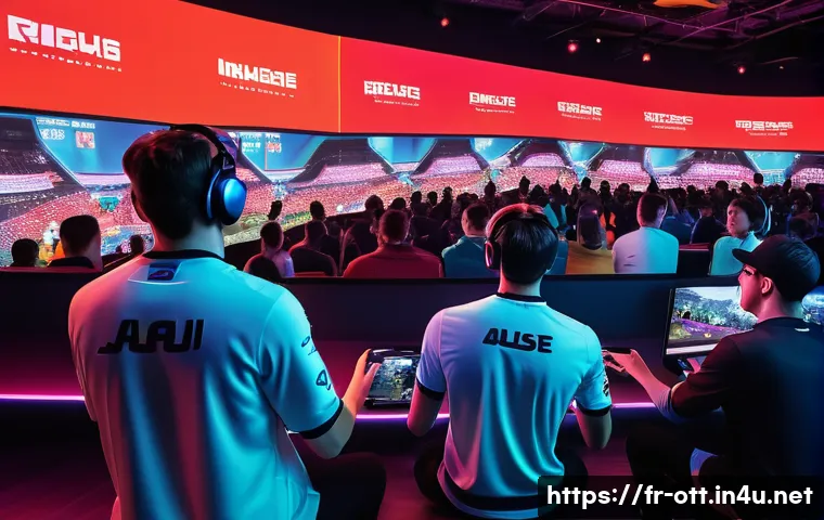 OTT e스포츠 중계 - A vibrant digital esports arena scene showing a diverse group of enthusiastic young French spectator...