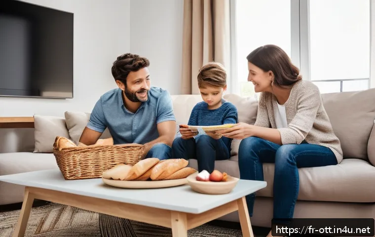 OTT 플랫폼 성공 사례 분석 - A modern living room scene featuring a diverse French family comfortably watching OTT content on a l...