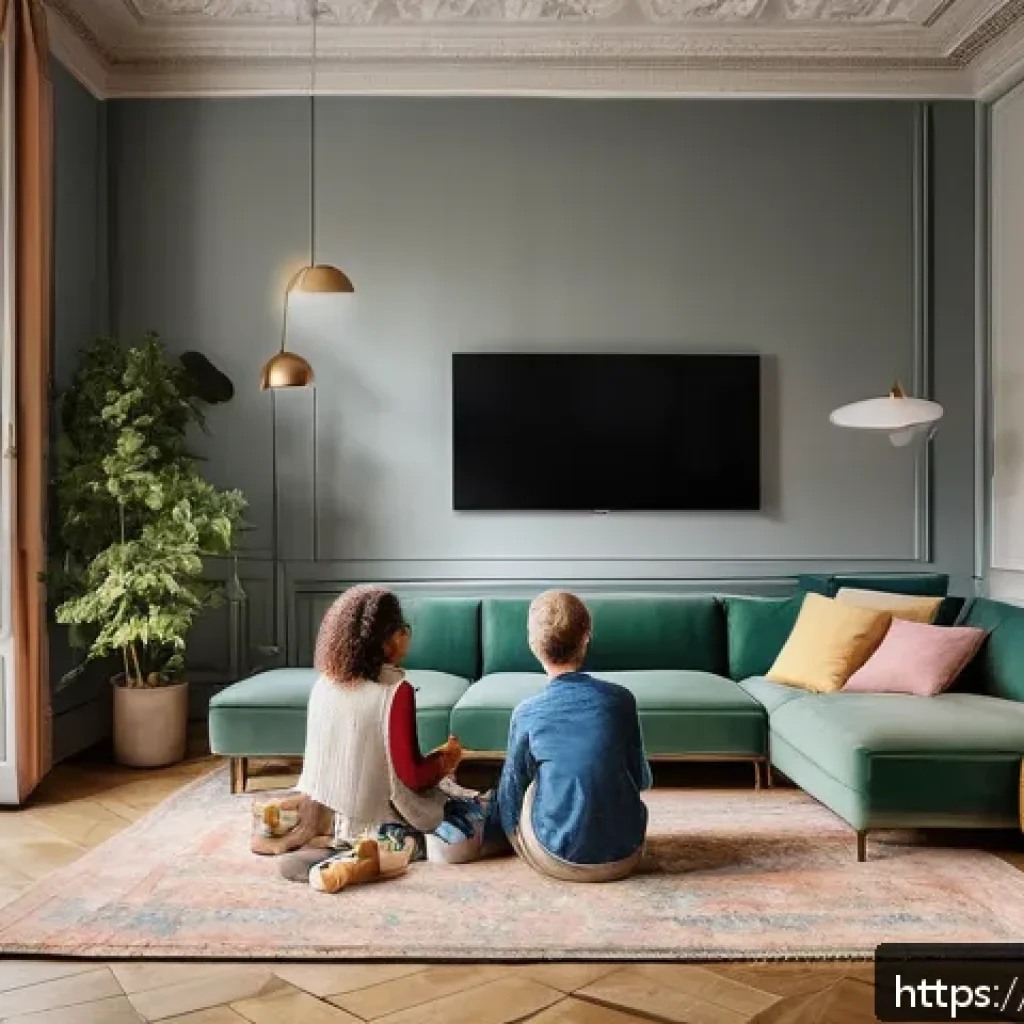 OTT와 사용자 데이터 활용 - A modern living room scene in Paris with a French family watching a streaming platform on a large fl...