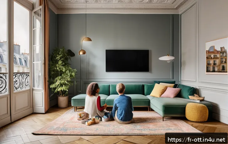 OTT와 사용자 데이터 활용 - A modern living room scene in Paris with a French family watching a streaming platform on a large fl...