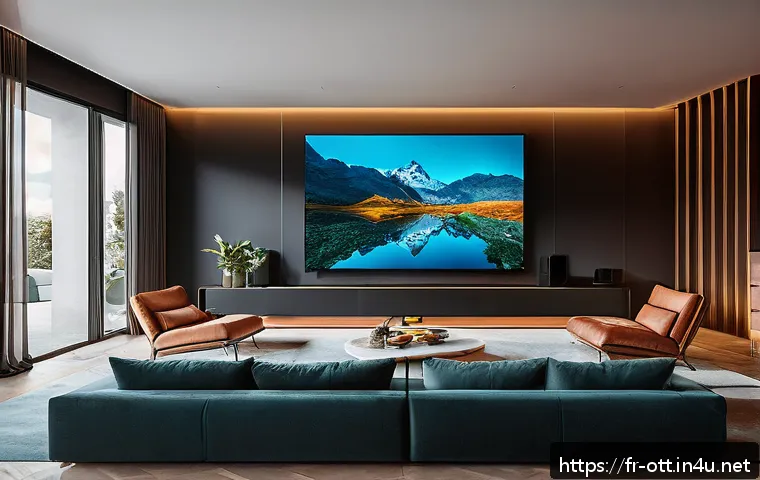 OTT 서비스 업그레이드 - Ultra-high-definition cinematic living room scene showcasing a family watching a nature documentary ...