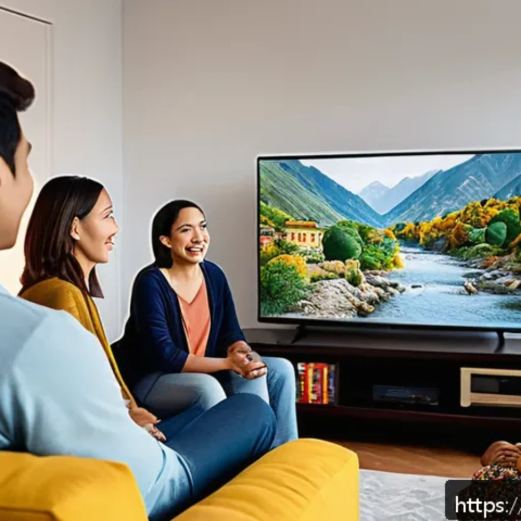 OTT 콘텐츠의 문화적 다변화 - A vibrant, multicultural living room scene with a diverse group of friends from various ethnic backg...